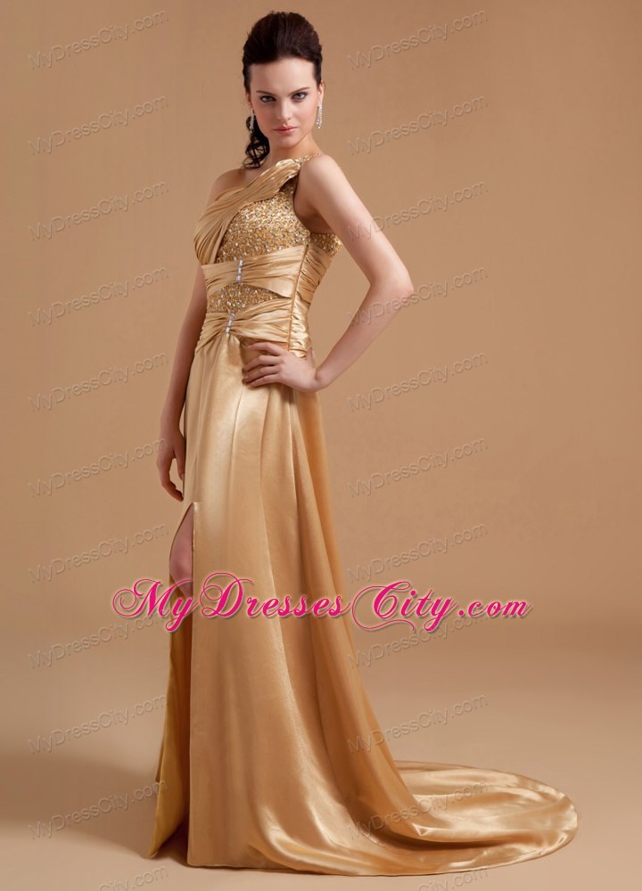 Gold One Shoulder Beaded High Slit Brush Train Evening Party Dresses