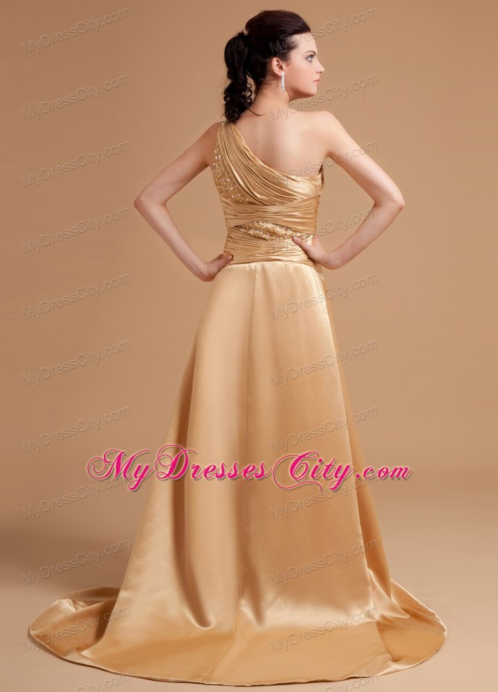 Gold One Shoulder Beaded High Slit Brush Train Evening Party Dresses