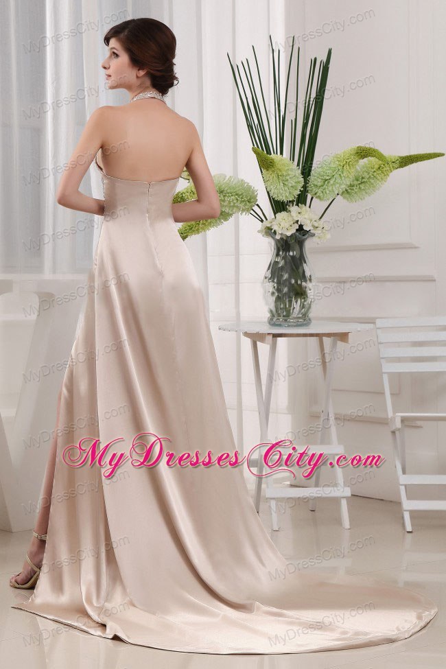 Sexy High Slit Halter Beaded Court Train Champagne Prom Evening Dress