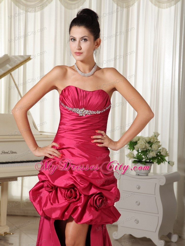 Pick Ups Flowers Beaded Strapless Hot Pink High-low Prom Evening Dress