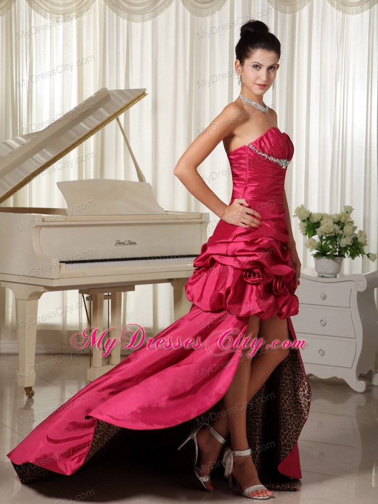 Pick Ups Flowers Beaded Strapless Hot Pink High-low Prom Evening Dress