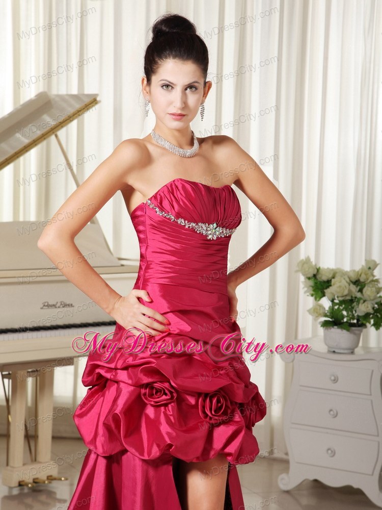 Pick Ups Flowers Beaded Strapless Hot Pink High-low Prom Evening Dress