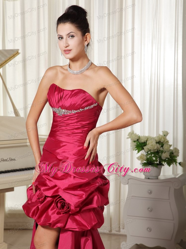 Pick Ups Flowers Beaded Strapless Hot Pink High-low Prom Evening Dress