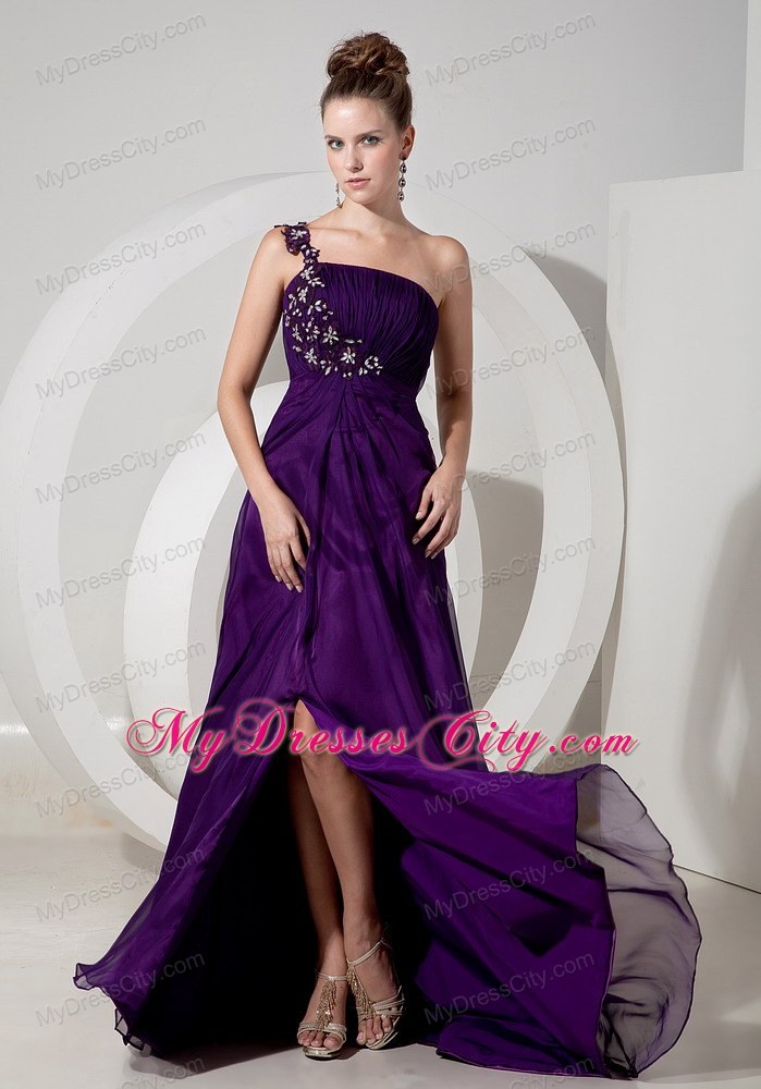 Beaded One Shoulder High Slit Purple Empire 2013 Prom Evening Dresses