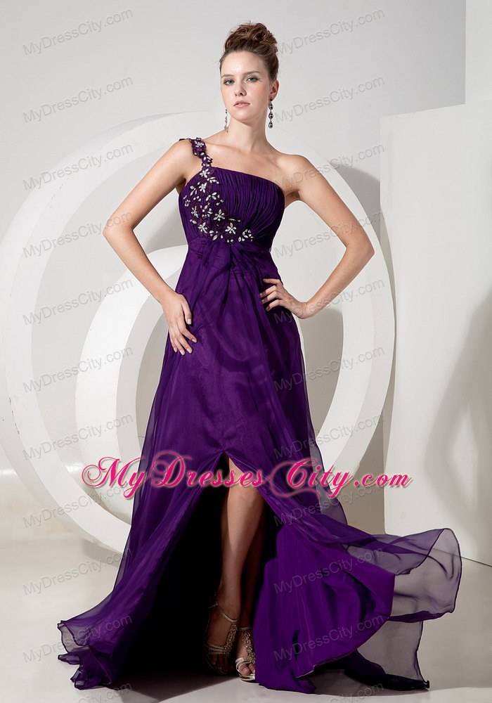 Beaded One Shoulder High Slit Purple Empire 2013 Prom Evening Dresses