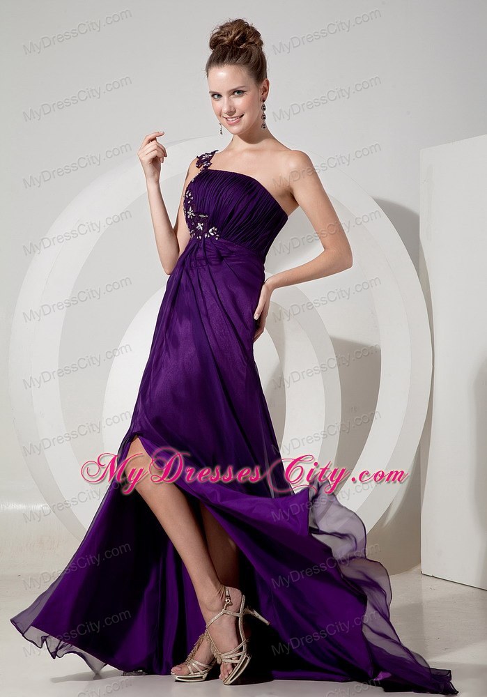 Beaded One Shoulder High Slit Purple Empire 2013 Prom Evening Dresses