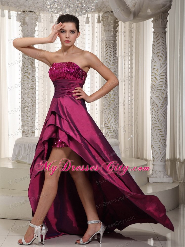 Sequined Strapless Fuchsia Detachable 2013 High-low Prom Evening Dress