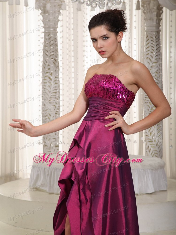 Sequined Strapless Fuchsia Detachable 2013 High-low Prom Evening Dress