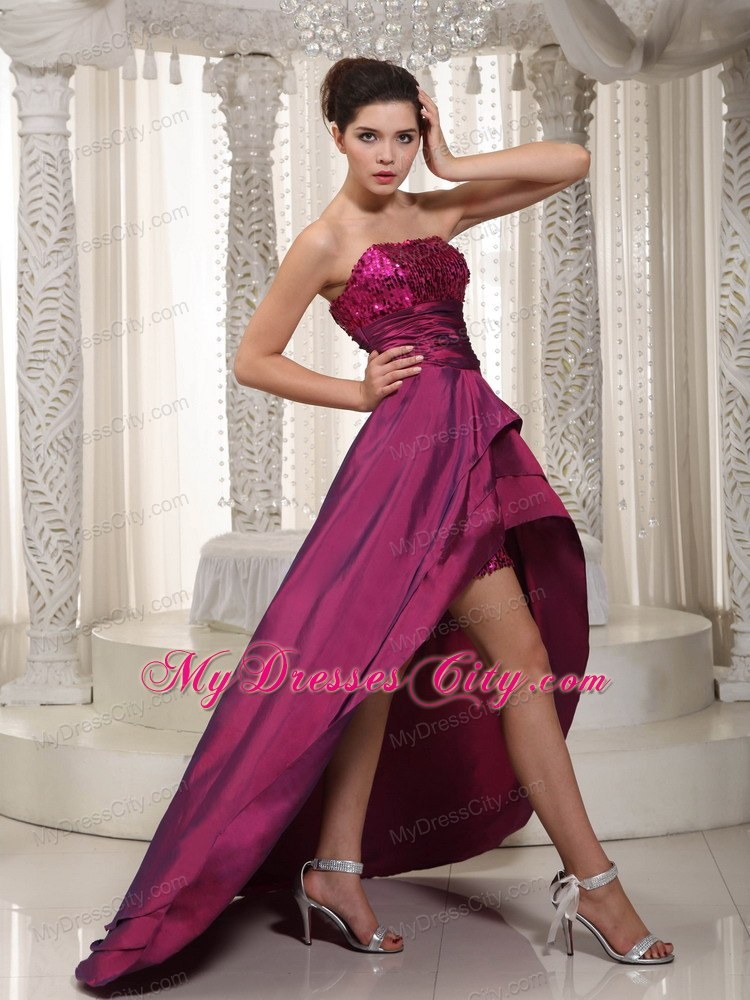 Sequined Strapless Fuchsia Detachable 2013 High-low Prom Evening Dress