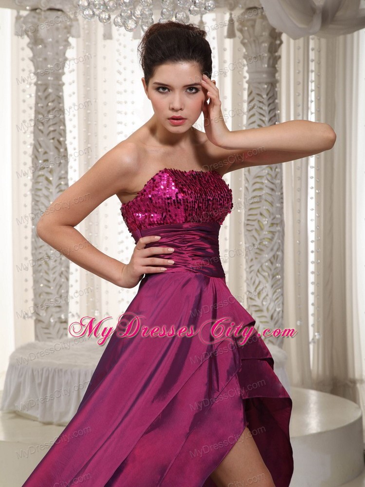 Sequined Strapless Fuchsia Detachable 2013 High-low Prom Evening Dress