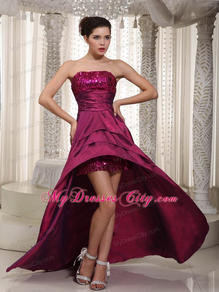 Sequined Strapless Fuchsia Detachable 2013 High-low Prom Evening Dress