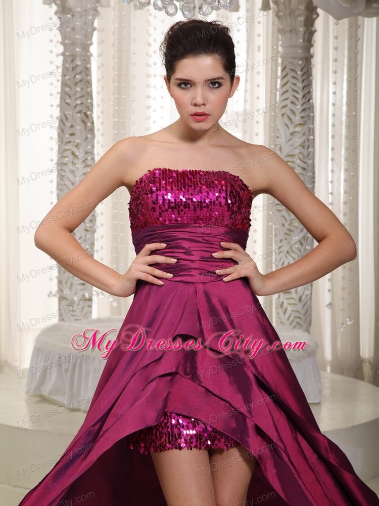 Sequined Strapless Fuchsia Detachable 2013 High-low Prom Evening Dress