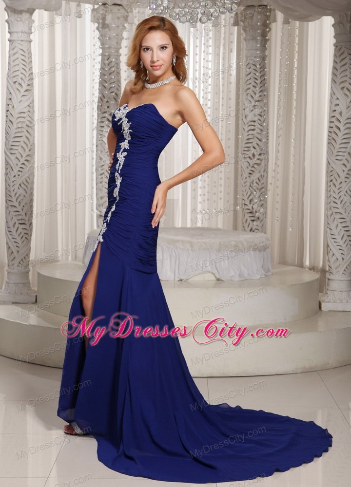 High Slit Mermaid Sweetheart Appliques Royal Blue Chiffon Evening Dresses