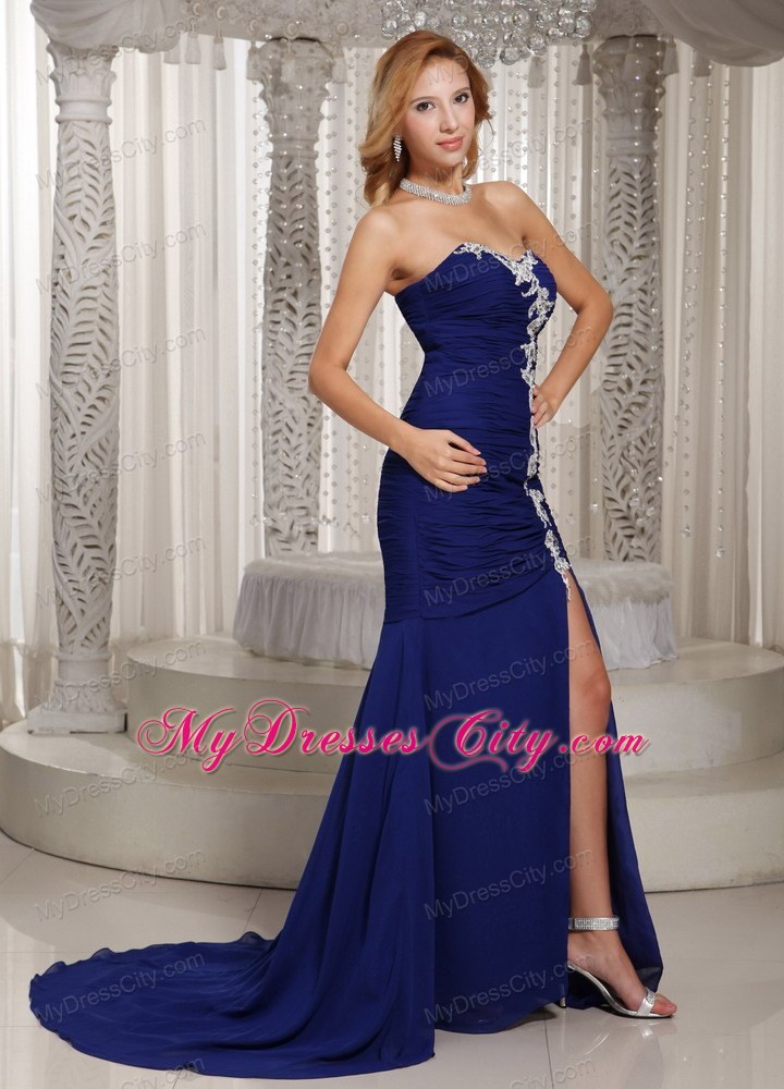 High Slit Mermaid Sweetheart Appliques Royal Blue Chiffon Evening Dresses