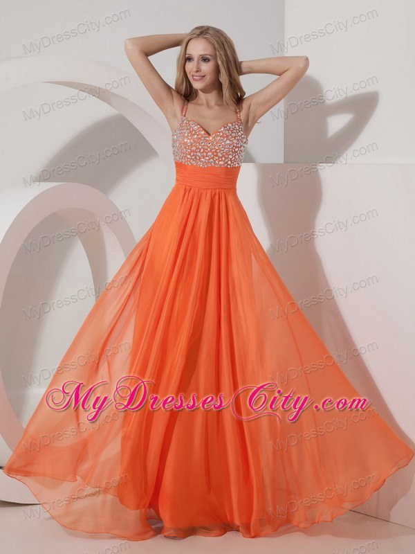 Spaghetti Straps Beaded Empire Chiffon Orange Maxi Evening Dresses