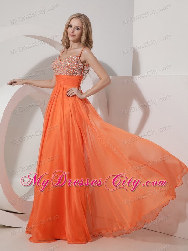 Spaghetti Straps Beaded Empire Chiffon Orange Maxi Evening Dresses