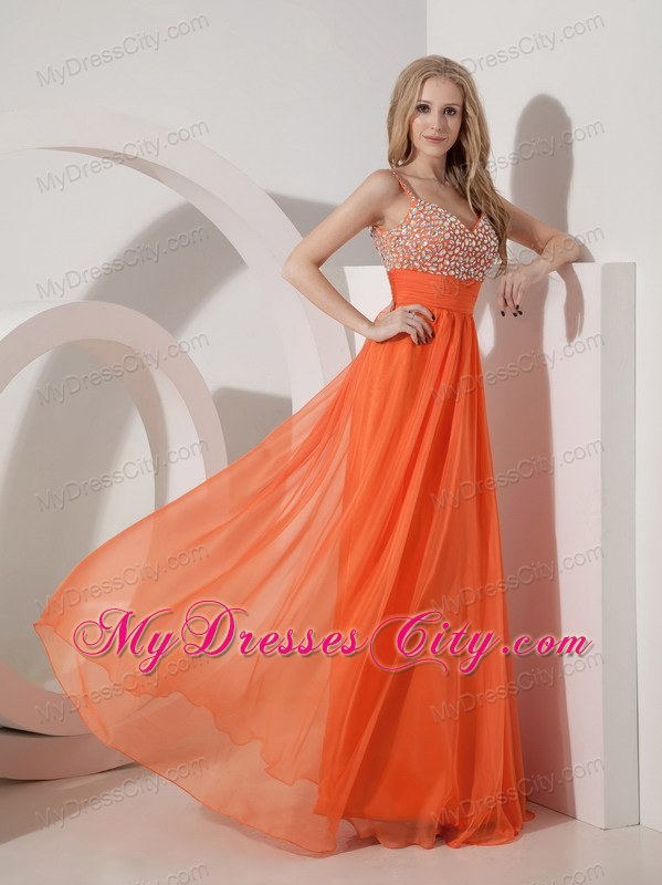 Spaghetti Straps Beaded Empire Chiffon Orange Maxi Evening Dresses