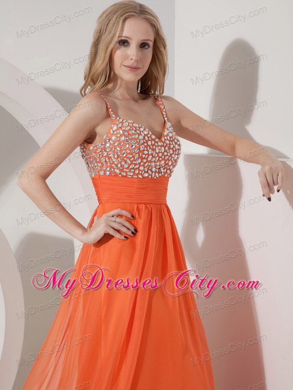 Spaghetti Straps Beaded Empire Chiffon Orange Maxi Evening Dresses