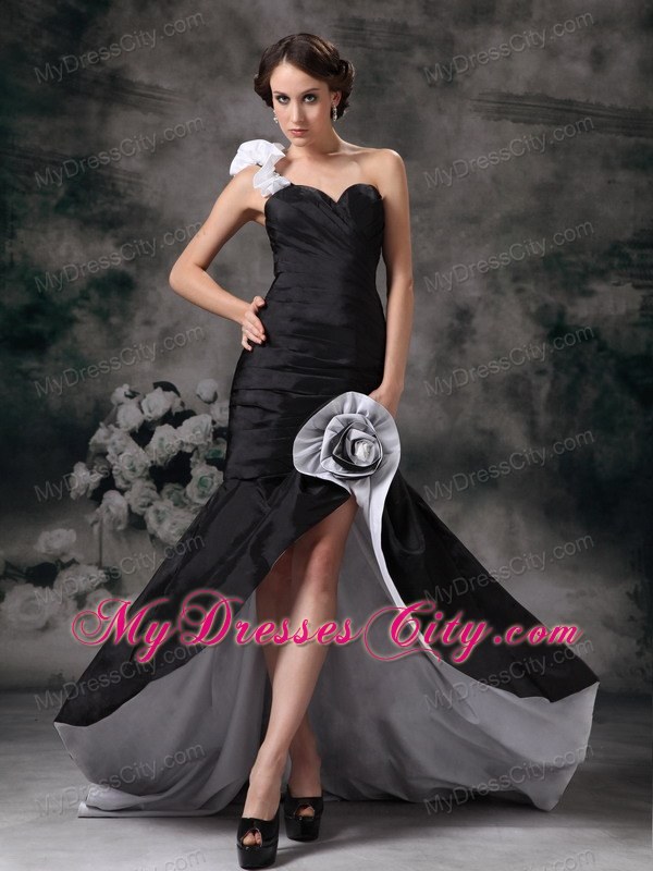 Flowers One Shoulder Ruched Black Front Short Back Long Evening Dresses