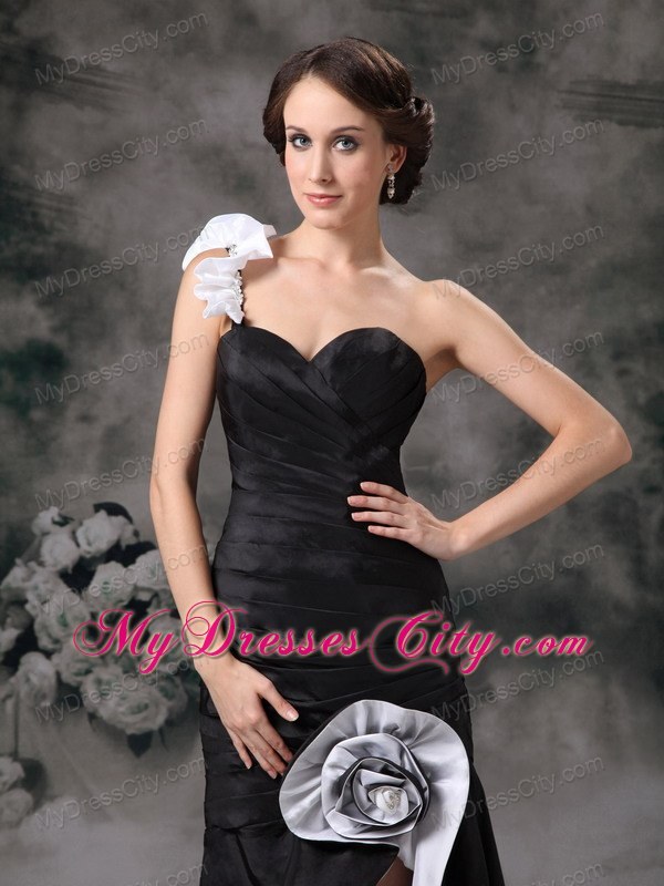 Flowers One Shoulder Ruched Black Front Short Back Long Evening Dresses