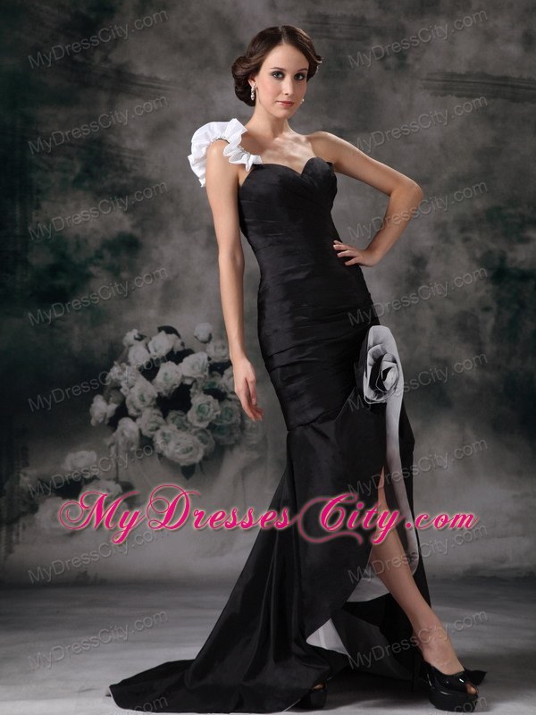 Flowers One Shoulder Ruched Black Front Short Back Long Evening Dresses