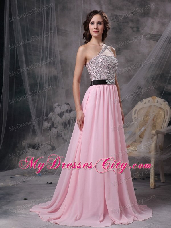 Empire Chiffon Brush Train Baby Pink Prom Evening Dresses with Cool Neckline