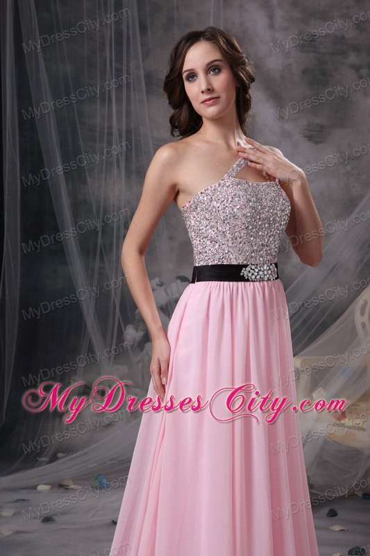 Empire Chiffon Brush Train Baby Pink Prom Evening Dresses with Cool Neckline