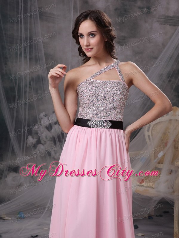 Empire Chiffon Brush Train Baby Pink Prom Evening Dresses with Cool Neckline