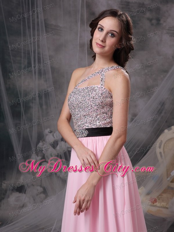 Empire Chiffon Brush Train Baby Pink Prom Evening Dresses with Cool Neckline