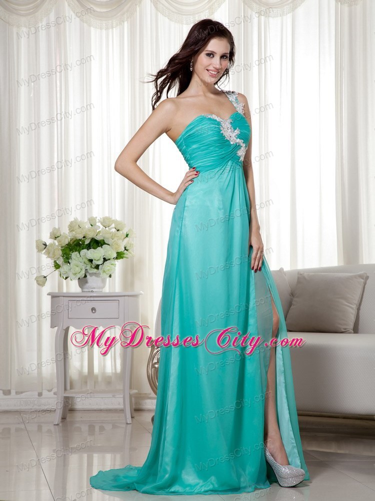 High Slit Appliques One Shoulder Ruching Turquoise Formal Evening Dress