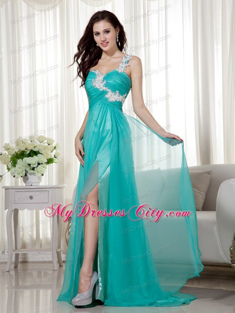 High Slit Appliques One Shoulder Ruching Turquoise Formal Evening Dress