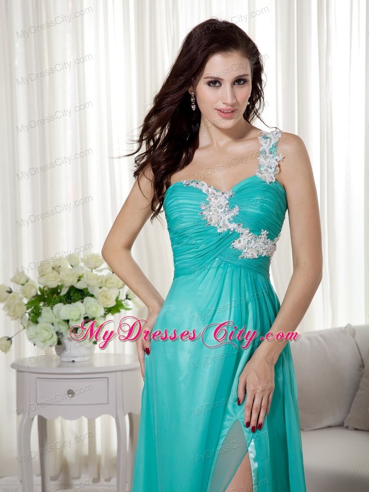 High Slit Appliques One Shoulder Ruching Turquoise Formal Evening Dress