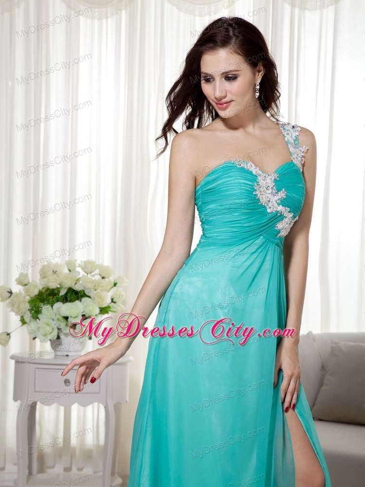 High Slit Appliques One Shoulder Ruching Turquoise Formal Evening Dress