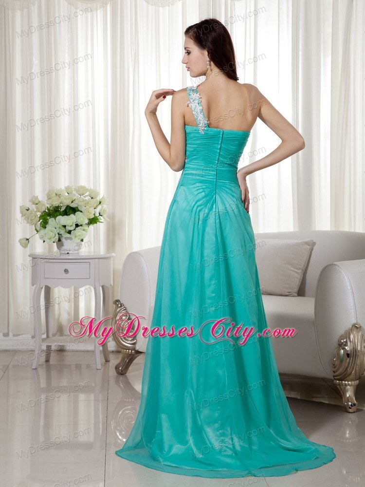 High Slit Appliques One Shoulder Ruching Turquoise Formal Evening Dress