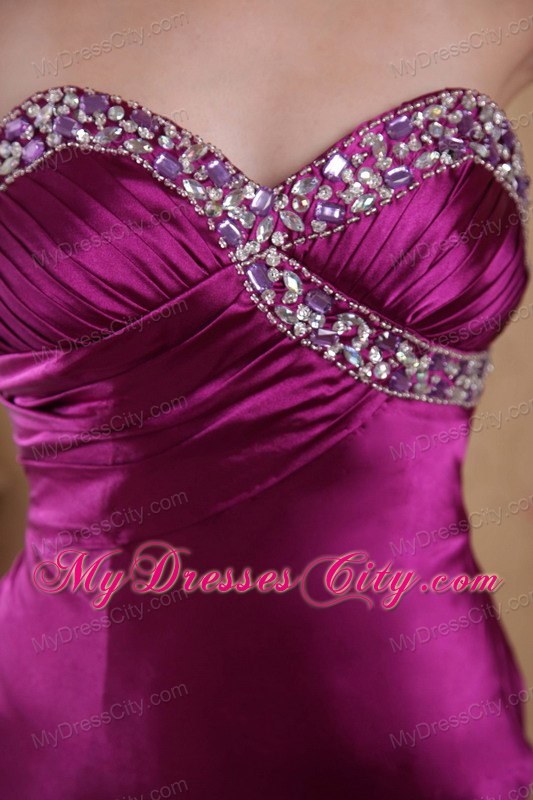 Beaded Ruching Brush Train Sweetheart Fuchsia Evening Formal Gown