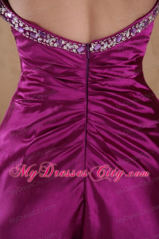 Beaded Ruching Brush Train Sweetheart Fuchsia Evening Formal Gown