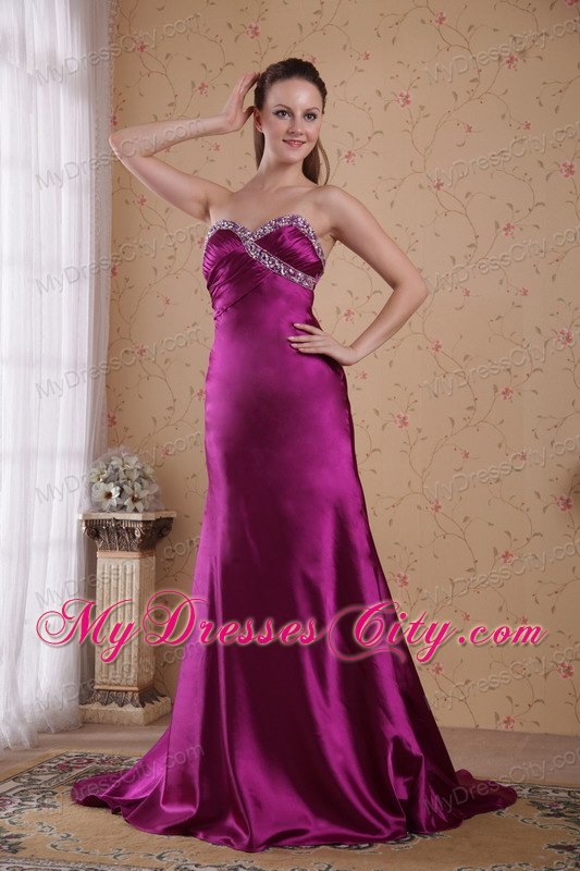 Beaded Ruching Brush Train Sweetheart Fuchsia Evening Formal Gown