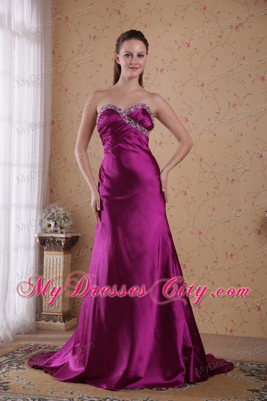 Beaded Ruching Brush Train Sweetheart Fuchsia Evening Formal Gown