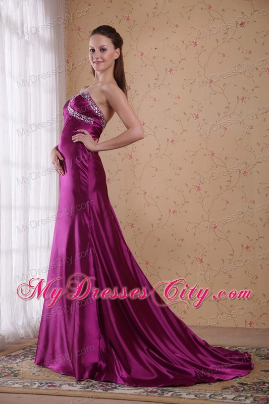 Beaded Ruching Brush Train Sweetheart Fuchsia Evening Formal Gown