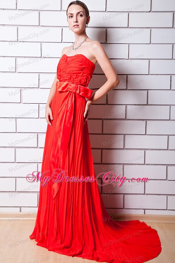 Red Column Strapless Sash 2013 Evening Dress with Chiffon Pleat