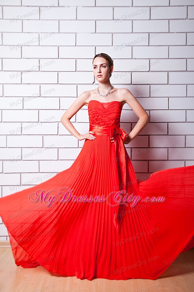 Red Column Strapless Sash 2013 Evening Dress with Chiffon Pleat