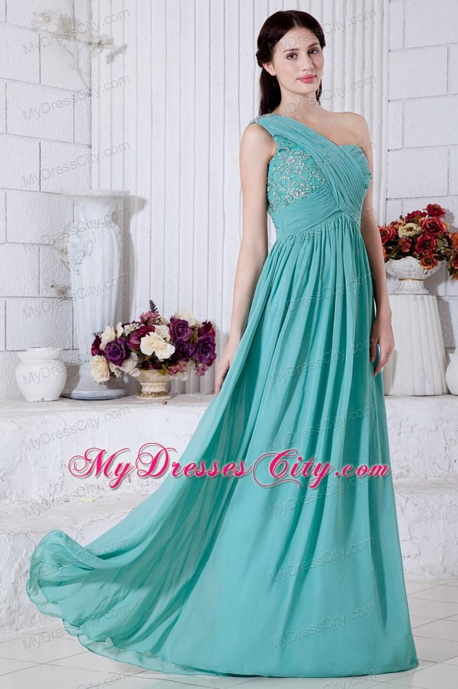 Turquoise Chiffon One Shoulder Evening Cocktail Dress with Appliques