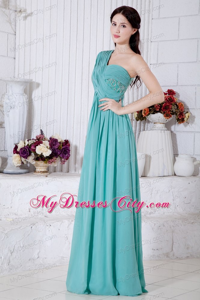 Turquoise Chiffon One Shoulder Evening Cocktail Dress with Appliques