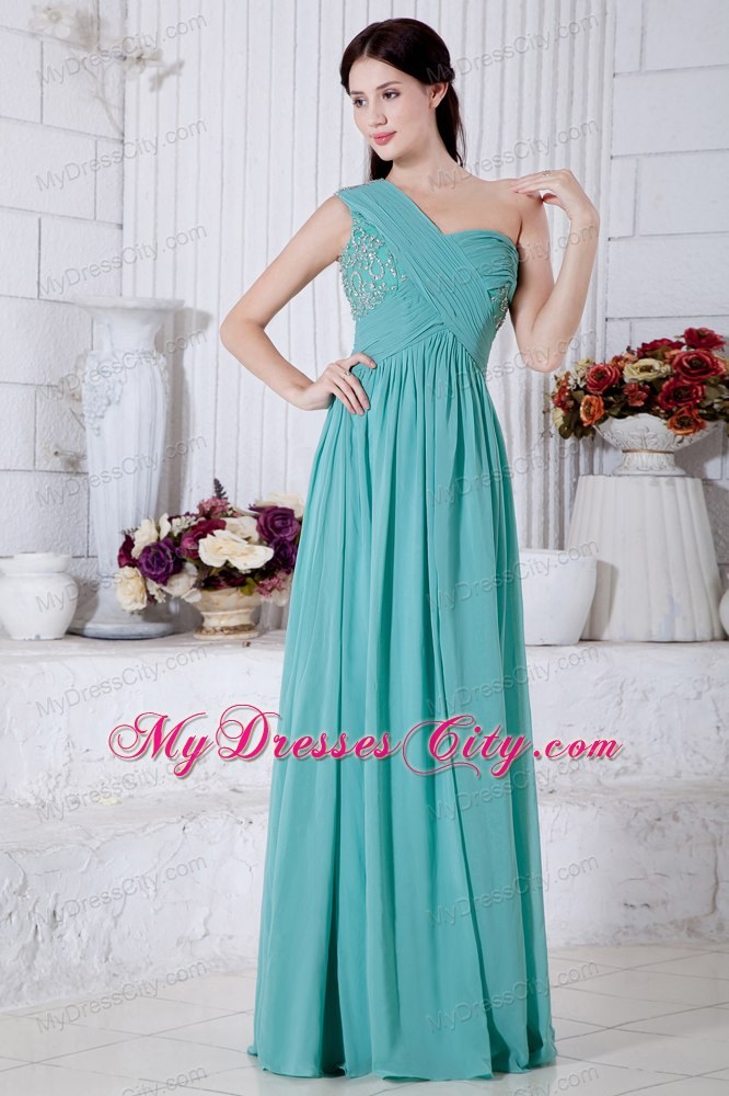 Turquoise Chiffon One Shoulder Evening Cocktail Dress with Appliques