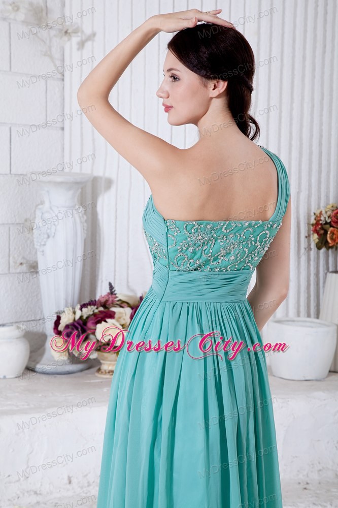 Turquoise Chiffon One Shoulder Evening Cocktail Dress with Appliques