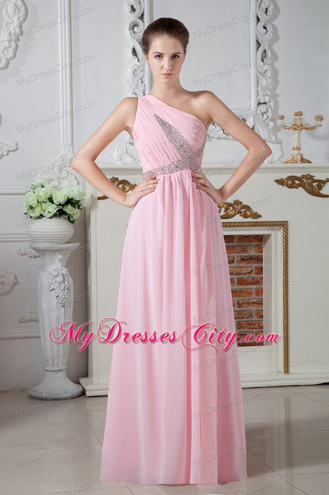 Cheap Baby Pink One Shoulder Evening Formal Gowns with Ruches