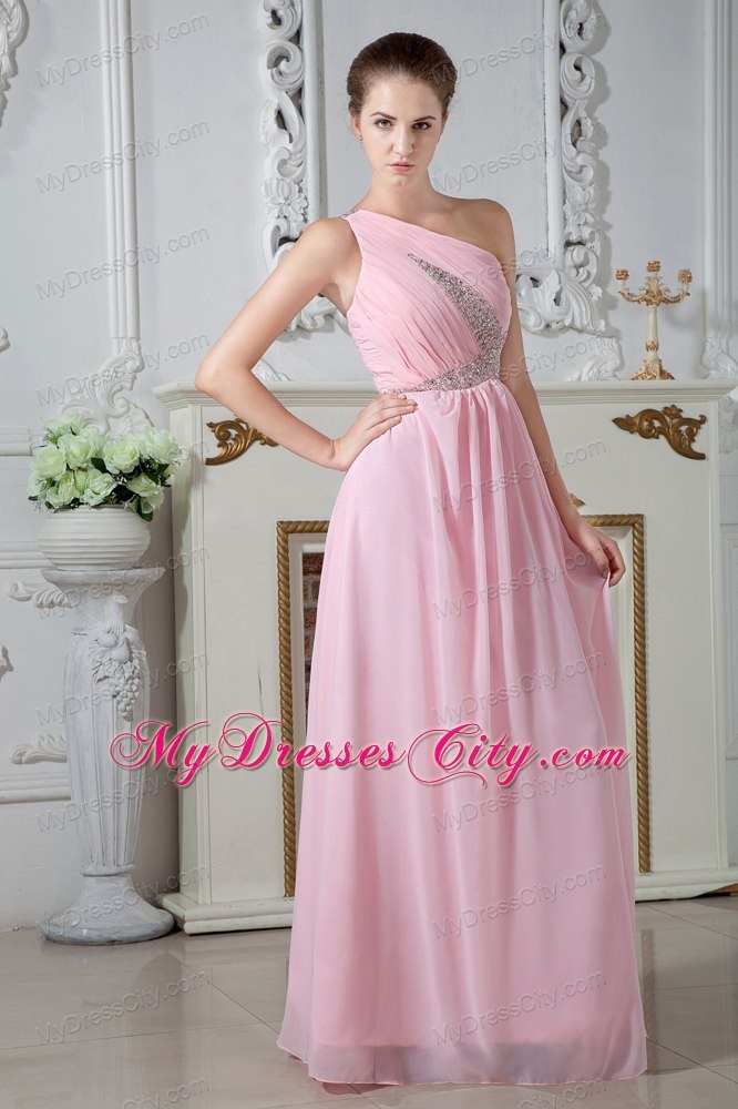 Cheap Baby Pink One Shoulder Evening Formal Gowns with Ruches