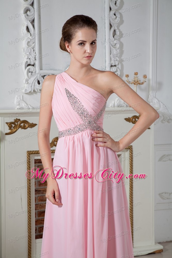 Cheap Baby Pink One Shoulder Evening Formal Gowns with Ruches