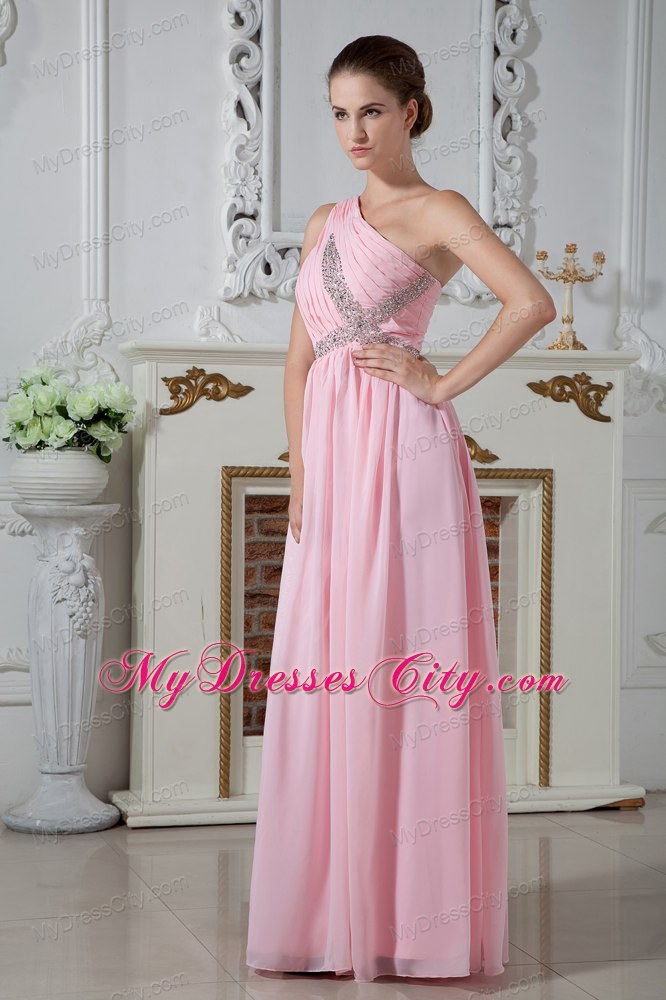 Cheap Baby Pink One Shoulder Evening Formal Gowns with Ruches