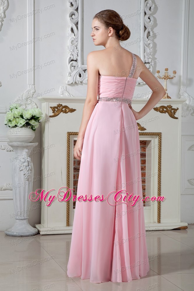 Cheap Baby Pink One Shoulder Evening Formal Gowns with Ruches